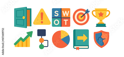 Business and success flat icon set. strategy, achievement, and growth icons collection