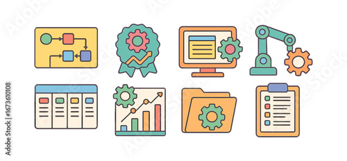 Business and productivity flat icon set. workflow, efficiency, task management icons