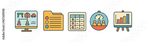 Business, management flat icon set. productivity, workflow, planning icons collection