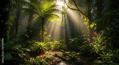 Enchanting sunlit tropical rainforest landscape with vibrant flora and fauna scenery