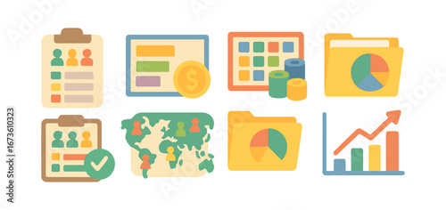 Business, finance flat icon set. charts, reports, folders icons flat collection