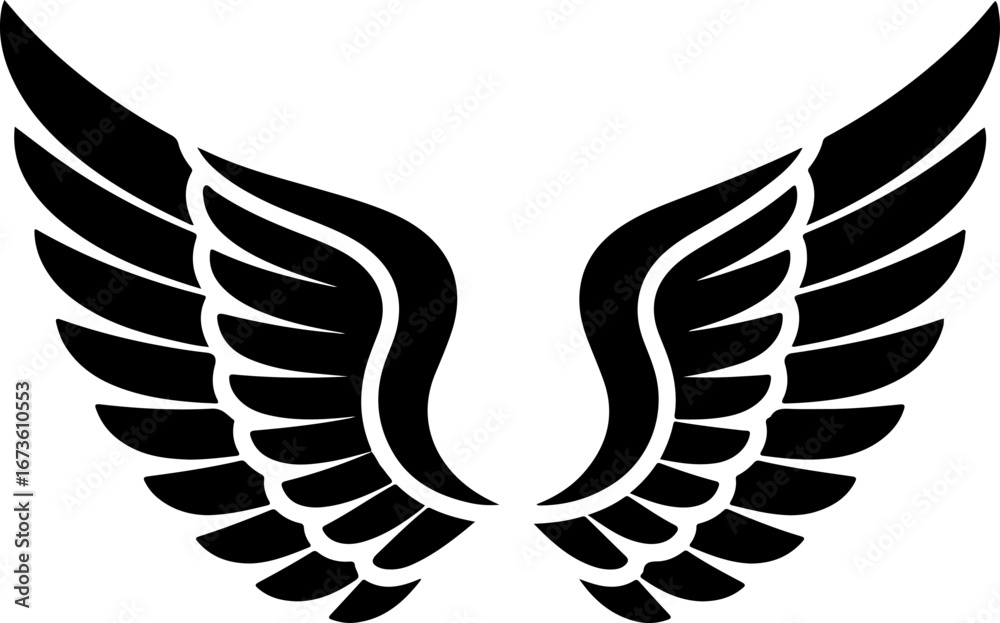 Fototapeta premium A striking graphic design featuring symmetrical angel wings perfectly mirrored against a pure white background.