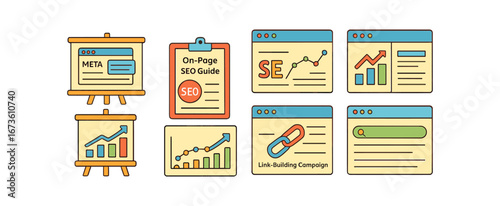 Seo, marketing flat icon set. optimization, strategy graphics flat collection