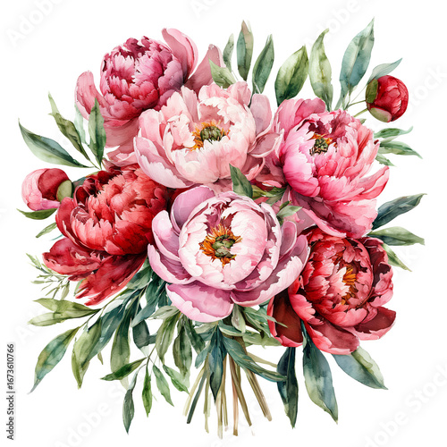 Fototapeta Naklejka Na Ścianę i Meble -  a delicate watercolor painting of a lush bouquet featuring burgundy and blush pink peonies with vibrant green foliage.