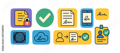 Document security and verification icon set. flat style digital security icons