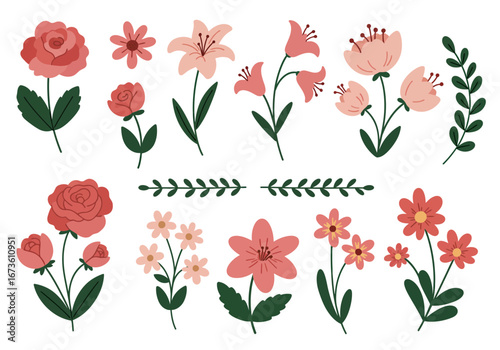 Set of botanical plant with flowers flat style art element design