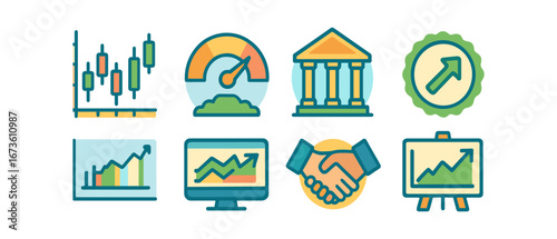 Finance and analytics flat icon set. business, data visualization icon collection
