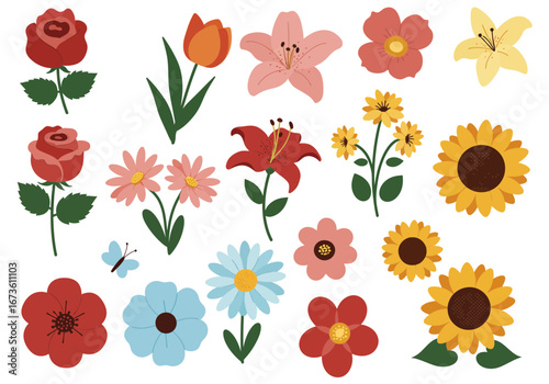 Set of botanical plant with flowers flat style art element design