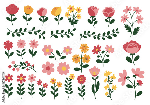 Set of botanical plant with flowers flat style art element design