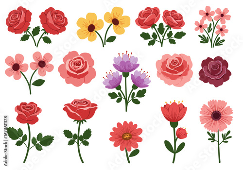 Set of botanical plant with flowers flat style art element design