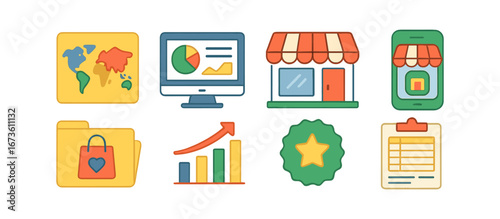 Shopping and business flat icon set. e-commerce, retail, data analytics flat symbols