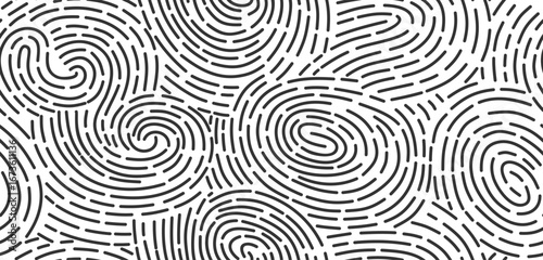 Seamless finger print. Black and white macro pattern. Unique thumbs marks. Personal biometric data. Scanning technology