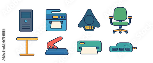 Office equipment flat icon set. desk, computer, chair, printer, office supply icons.