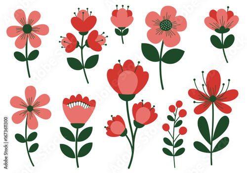 Set of botanical plant with flowers flat style art element design