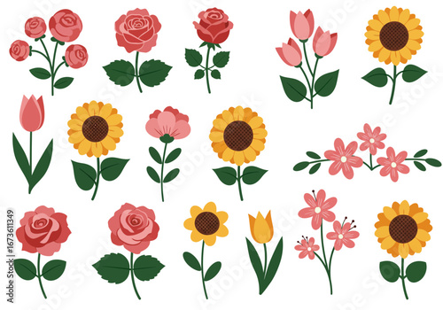 Set of botanical plant with flowers flat style art element design