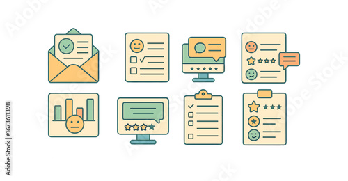 Review and feedback flat icon set. customer satisfaction, survey, ratings collection