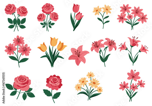 Set of botanical plant with flowers flat style art element design