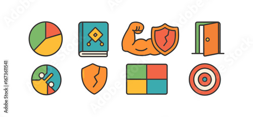 Business and finance flat icon set. data analysis, security, strategy icons collection