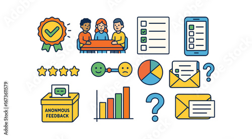 Feedback and survey flat icon set. evaluation, rating, questionnaire icon collection
