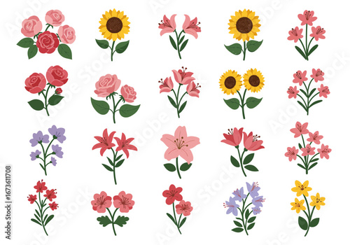 Set of botanical plant with flowers flat style art element design