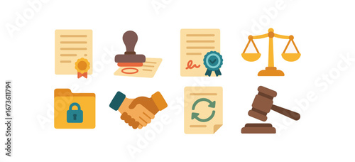 Law, justice flat icon set. legal, court, documents, scales, contracts, law symbols