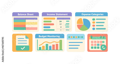 Finance, budgeting outline icon set. expense tracking, balance sheet icons collection