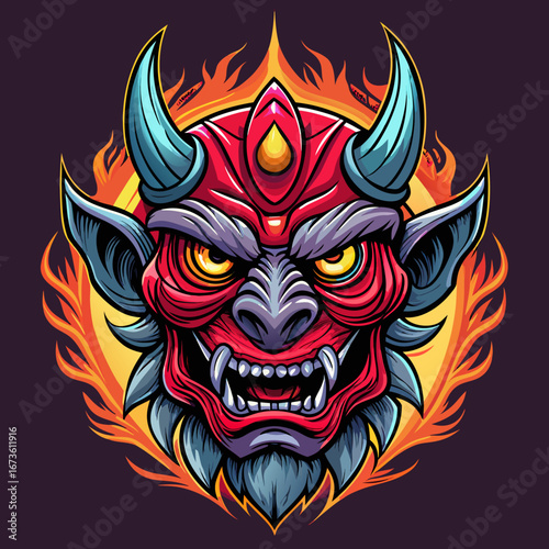Intricate japanese oni mask with fierce expression and golden accents isolated on white background isolated on transparent background