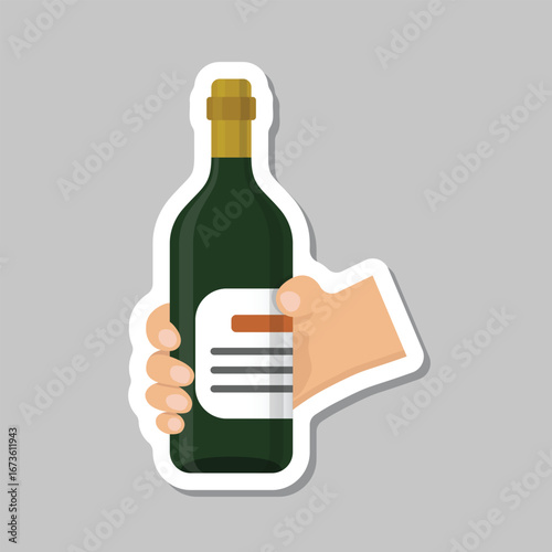 Hand holding wine bottle sticker icon in flat style. Alcohol drink vector illustration on isolated background. Champagne beverage sign business concept.