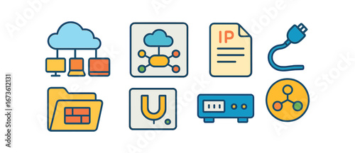 Technology, network flat icon set. cloud, file, connection icons in flat style collection