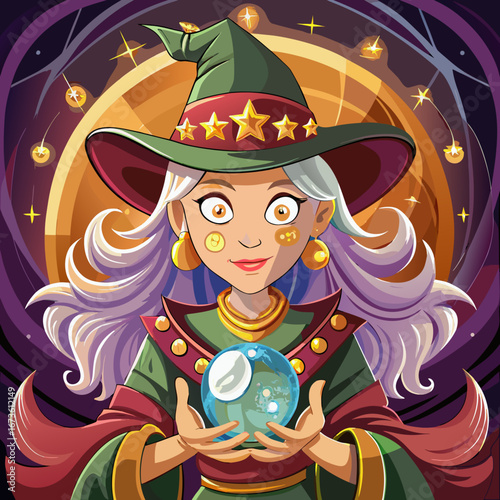 Mysterious witch gazing into a crystal ball under a starry night sky isolated on white background isolated on transparent background