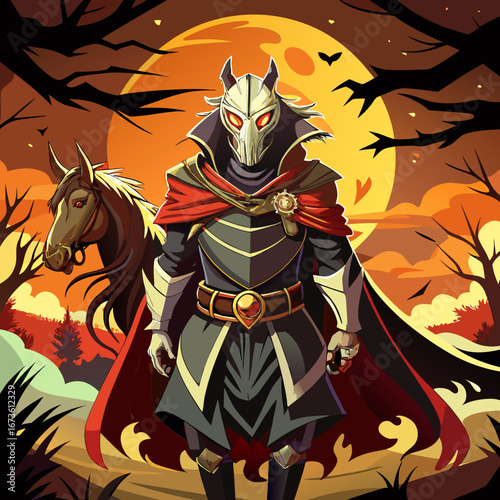 Mysterious horseman with red eyes and a sword standing under a full moon isolated on white background isolated on transparent background