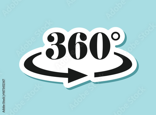 360 degrees sticker icon in flat style. Rotate symbol vector illustration on isolated background. Angle view sign business concept.