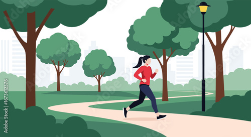 Energetic woman enjoys a healthy morning jog on a scenic park path with city skyline background