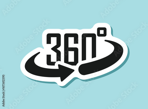 360 degrees sticker icon in flat style. Rotate symbol vector illustration on isolated background. Angle view sign business concept.