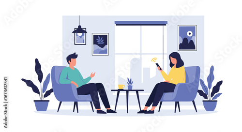 Two people relaxed in modern chairs, one using a smartphone, sharing a calm conversation indoors.