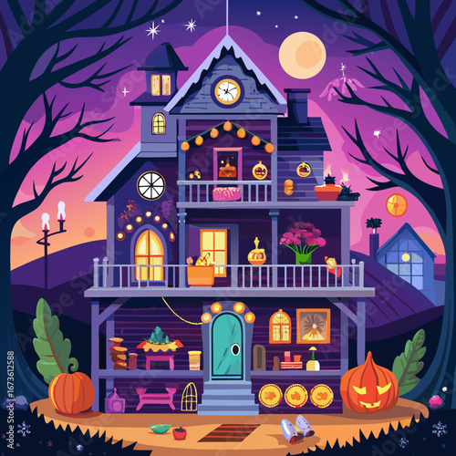 Spooky victorian haunted mansion with a large full moon and eerie trees isolated on white background isolated on transparent background