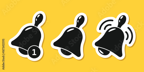 Notification bell sticker icon set in flat style. Incoming inbox message vector illustration on isolated background. Ringing bell sign business concept.