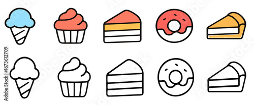 Cute flat and outline icons of popular desserts.