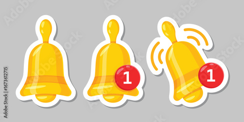 Notification bell sticker icon set in flat style. Incoming inbox message vector illustration on isolated background. Ringing bell sign business concept.