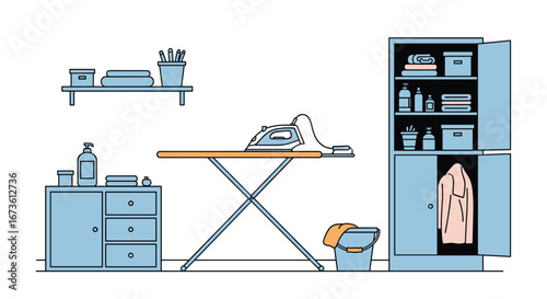 Organized laundry room with ironing board, iron, and clean folded clothes ready for storage