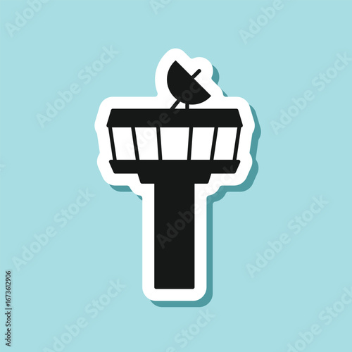 Flight control tower sticker icon in flat style. Navigation monitor vector illustration on isolated background. Airport building sign business concept.