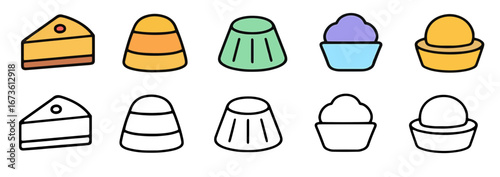 Colorful and outline icons of various desserts.