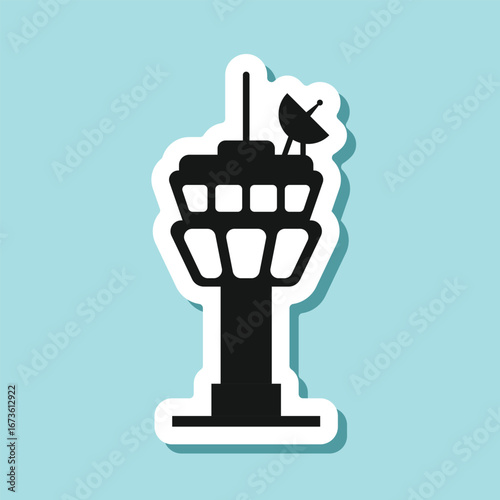 Flight control tower sticker icon in flat style. Navigation monitor vector illustration on isolated background. Airport building sign business concept.