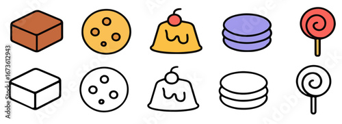 Cute dessert icons in flat and outline style.
