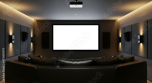 Blank Home Theater Projector Screen In Dark Luxury Room