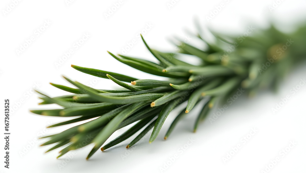 Fototapeta premium Pattern A macro shot of woven pine needles, isolated on white, displaying thin, dark green, shiny needles intricately braided in a narrow, linear design(6)