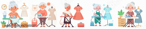 vector of a grandmother ironing clothes