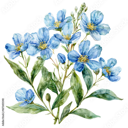 a delicate watercolor painting depicts a vibrant bouquet of blue flax flowers with elongated green leaves and subtle yellow centers.