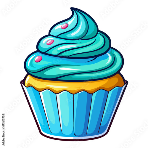 Delicious cartoon cupcake with swirled blue frosting and pink sprinkles isolated on white background isolated on transparent background