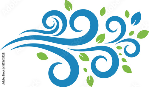 Abstract swirling blue wind gusts with green leaves flying nature elements vector